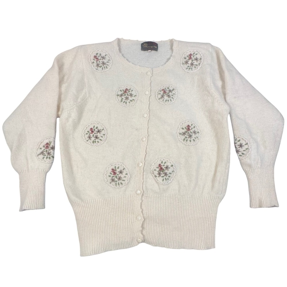 Vintage‎ Shan Feng Cream Floral Embroidered Cardigan Sweater Cottagecore Large